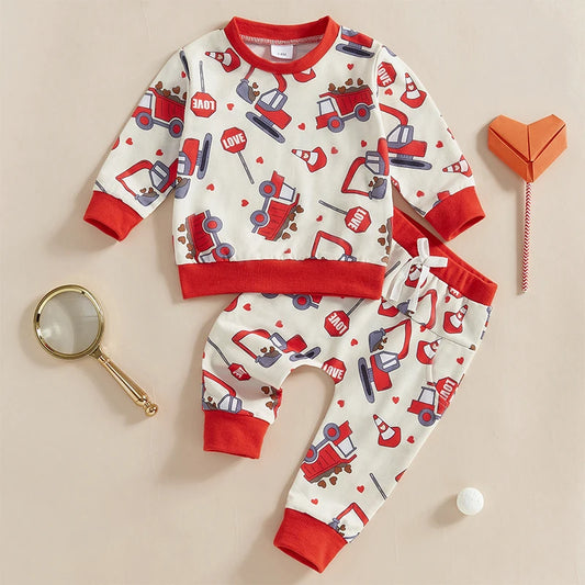 Baby Toddler Boys 2Pcs Valentine's Day Outfit Truck  Heart Love Sign Print Long Sleeve Crewneck Top and Elastic Pants Valentines Jogger Set