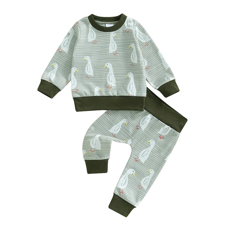 Baby Toddler Boys Girls 2Pcs Fall Outfit Duck Print Long Sleeve Top Elastic Waist Pants Set