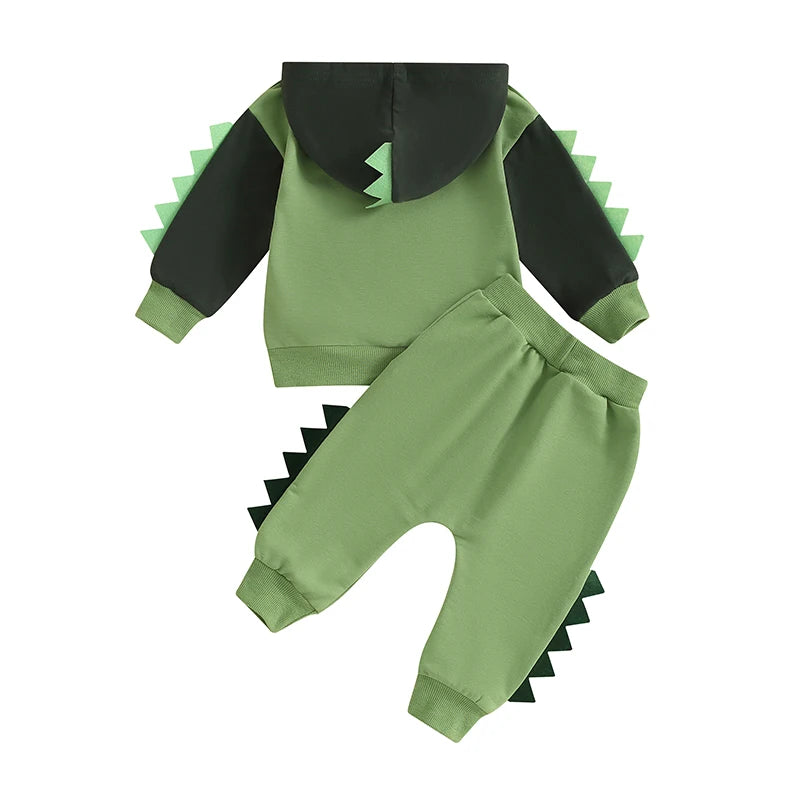 Baby Toddler Boys 2Pcs Dinosaur Outfit Contrast Color Long Sleeve Hoodie Top Elastic Waist Pants Set