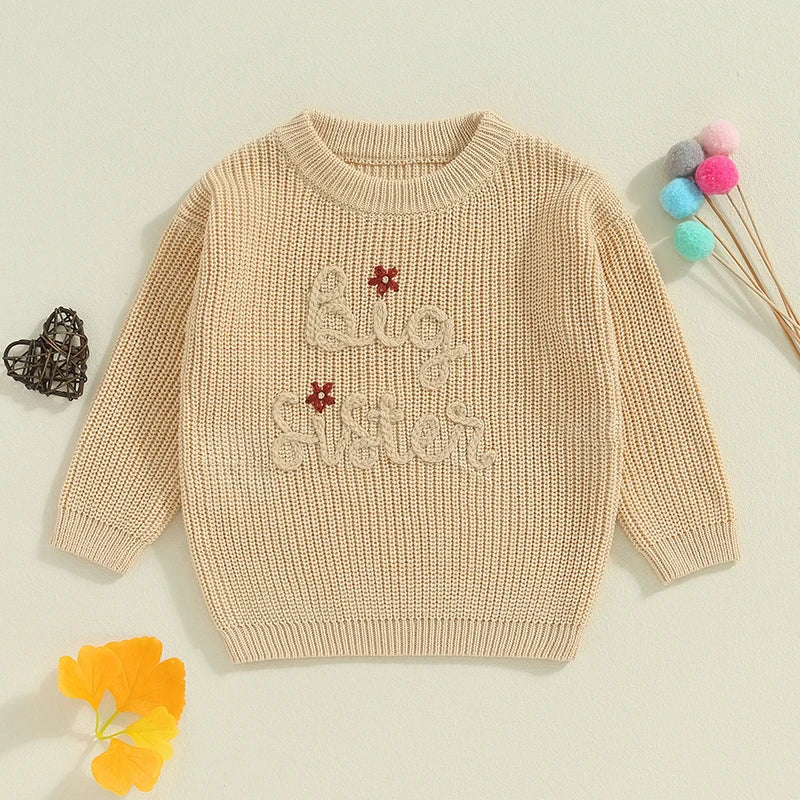 Baby Toddler Kids Girls Big Sister Autumn Winter Knit Sweater Long Sleeve O Neck Letter Embroidery Pullover Knitwear Top