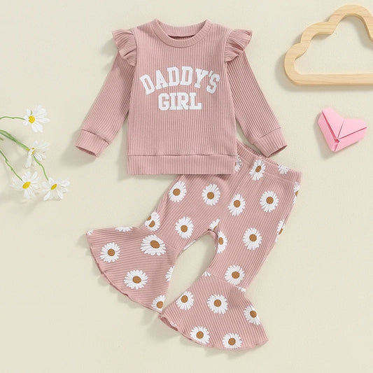 Baby Toddler Girls 2Pcs Daddy's Girl Outfit Letter Print Frill Shoulder Long Sleeve Ribbed Top Flower Daisy Print Flare Long Pants Set