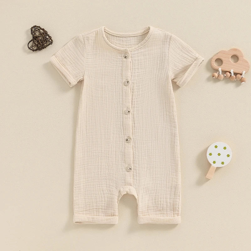 Baby Boys Girls Summer Short Sleeve Romper Solid Color Front Button Jumpsuit