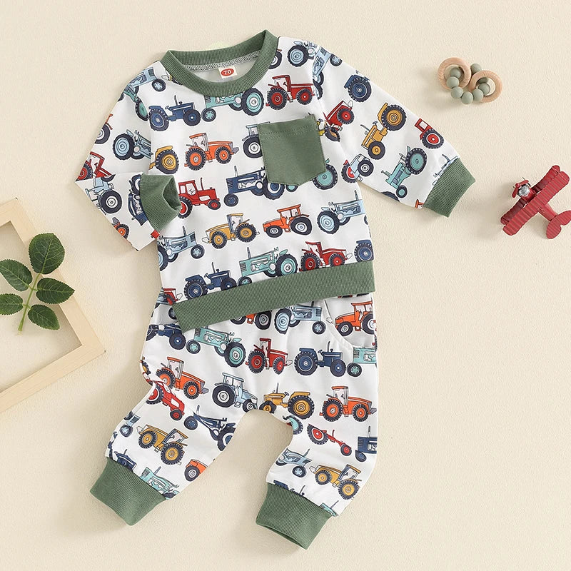 Baby Toddler Boys 2Pcs Farm Outfit Long Sleeve Tractor Print Pocket Top + Pants Set