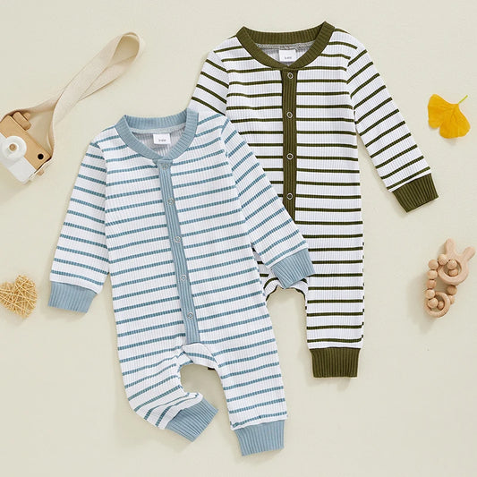 Baby Girl Boy Fall Romper Stripe Print Round Neck Long Sleeve Full Length Jumpsuit