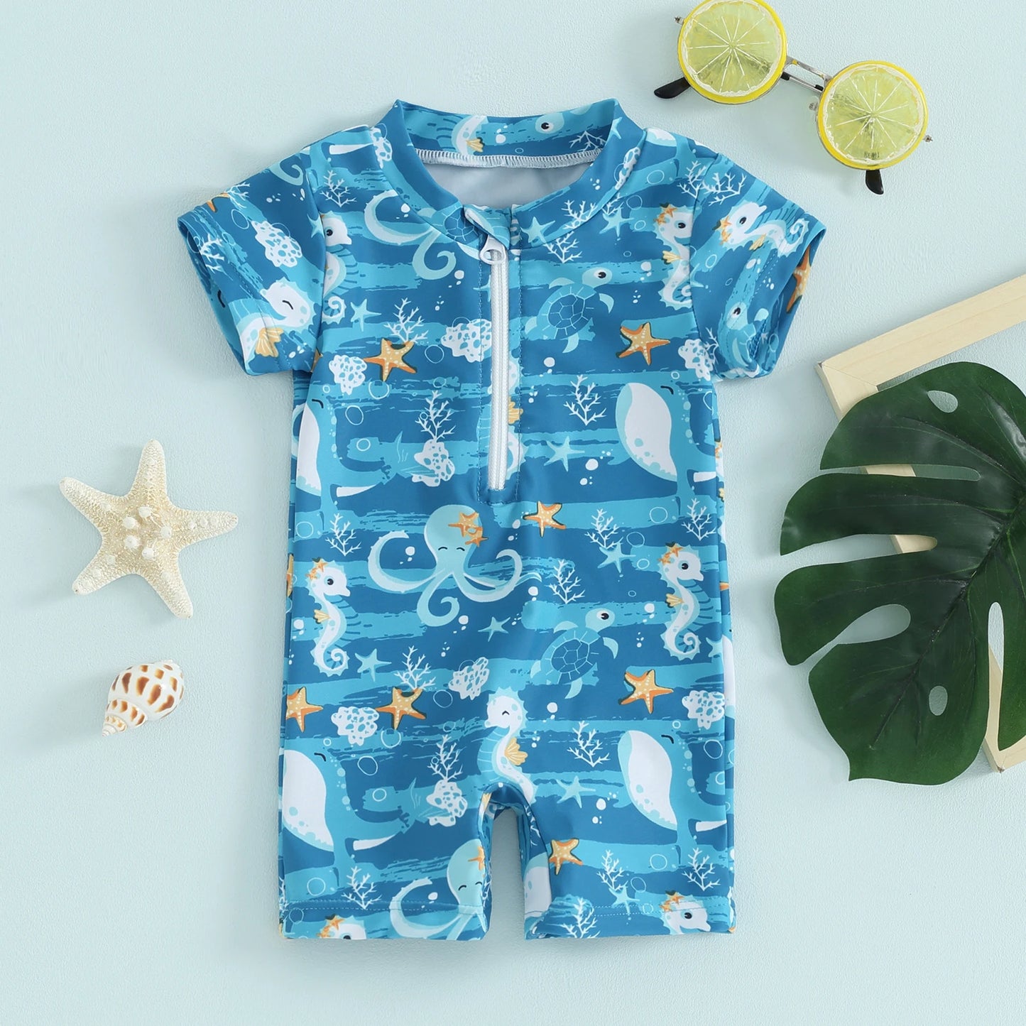 Baby Toddler Boys Swimwear Short Sleeve Cartoon Print Shark Whale Front Zipper Bathing Suit Swimsuit Romper