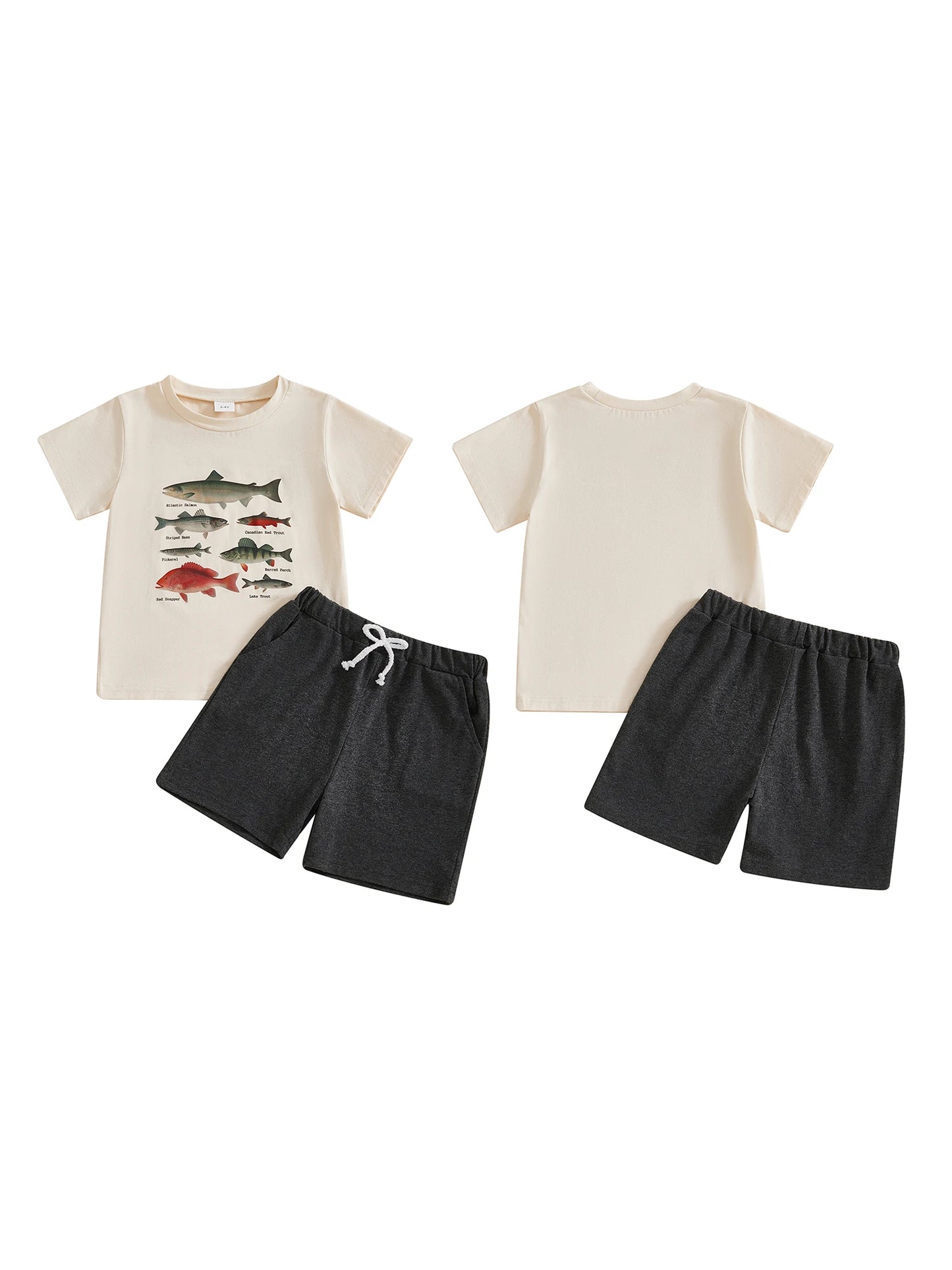 Baby Toddler Boy 2Pcs Outfit Fish Chicken Short Sleeve T-Shirt Top and Solid Shorts 2 Piece Set