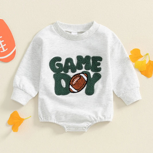 Baby Boys Girls Game Day Football Romper Letter Embroidery Long Sleeve Bubble Jumpsuit