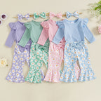 Baby Girl 3Pcs Fall Outfit Long Sleeve Ribbed Romper Daisy Flower Flare Pants Bow Headband Set