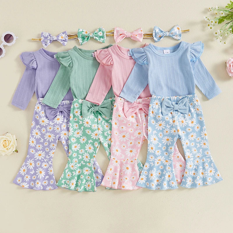 Baby Girl 3Pcs Fall Outfit Long Sleeve Ribbed Romper Daisy Flower Flare Pants Bow Headband Set