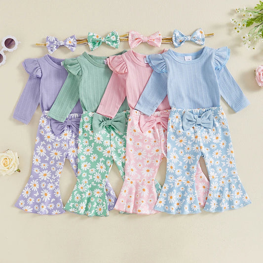 Baby Girl 3Pcs Fall Outfit Long Sleeve Ribbed Romper Daisy Flower Flare Pants Bow Headband Set