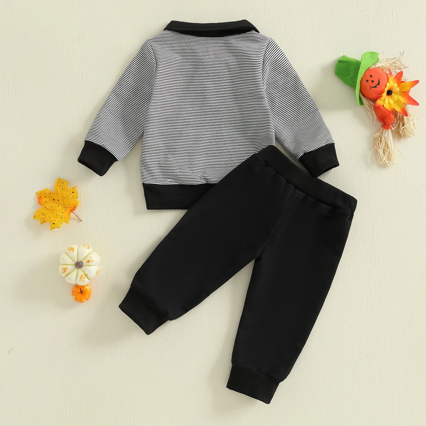 Baby Toddler Boys 2Pcs Halloween Outfit Ghost Embroidery Striped Long Sleeve Top with Pants Jogger Set