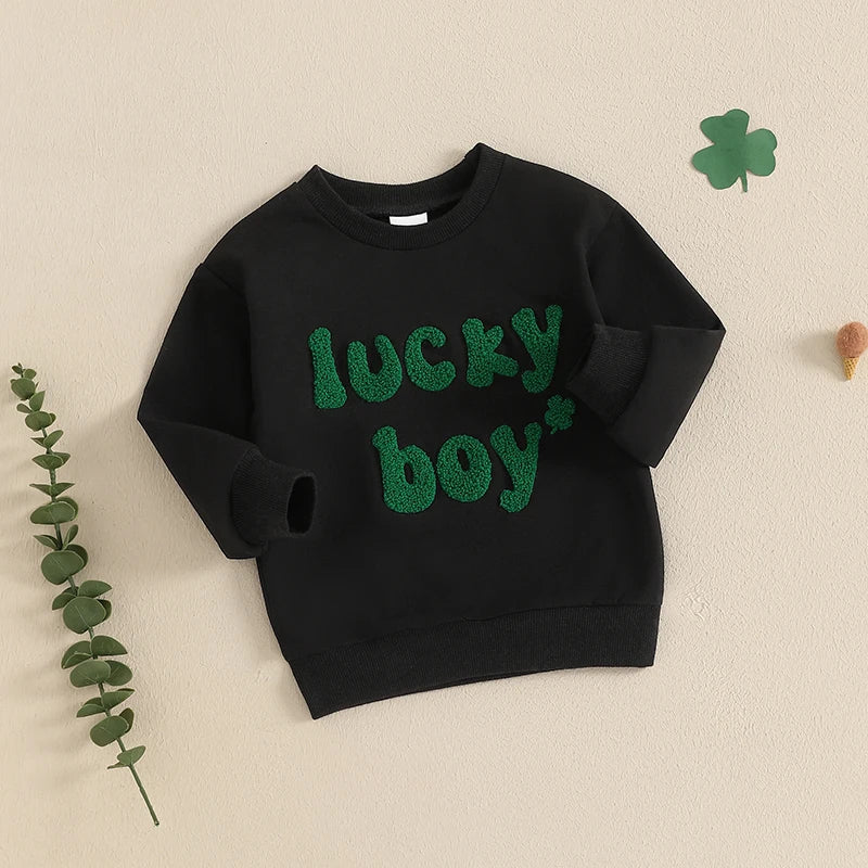 Baby Toddler Boys Lucky Boy St. Patrick's Day Irish Spring Letter Clover Shamrock Embroidered Long Sleeve O-Neck Casual Pullover Top