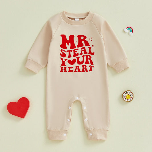 Baby Boy Valentines Romper Mr. Steal Your Heart Fashionable Cute Letters Printed Long Sleeve Jumpsuit