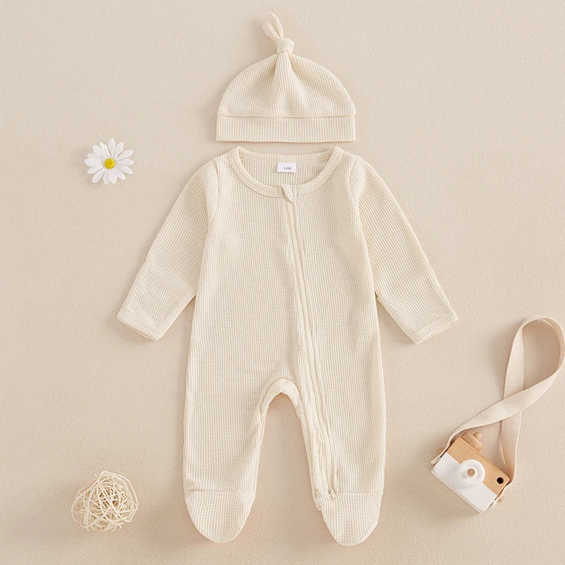 Baby Boys Girls 2Pcs Fall Footed Zipper Romper Solid Color Waffle Long Sleeve Crew Neck Jumpsuit with Hat Set Outfit