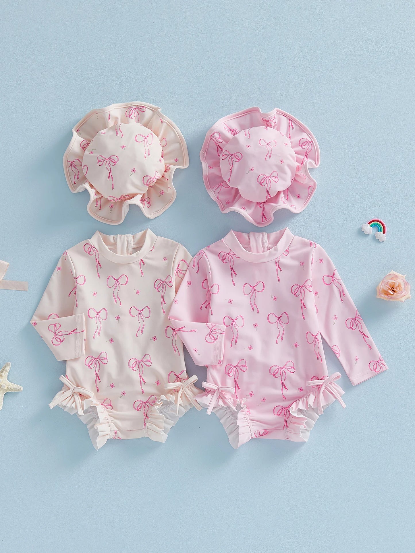 Baby Toddler Girls 2Pcs Rash Guard Swimsuit Set Girls Bow Print Long Sleeve Round Neck Ruffle Jumpsuit and Hat Set for Pool Beach