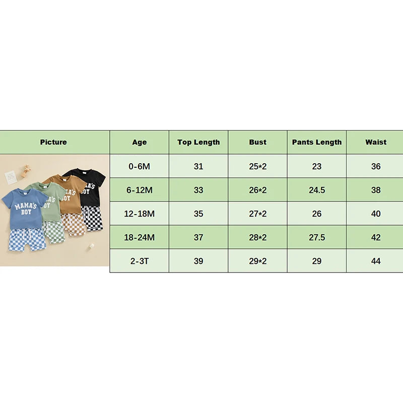 Toddler Baby Boys 2Pcs Mama's Boy Spring Summer Clothes Outfits Letters Print Top with Plaid Checker Shorts Clothing Set