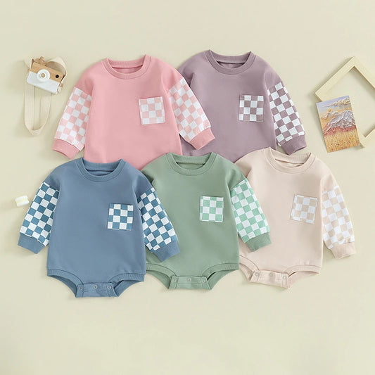 Baby Toddler Boy Girl Crewneck Plaid Checker Contrast Color Bubble Rompers Long Sleeve Jumpsuit