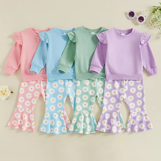 Toddler Kids Girls 2Pcs Fall Outfit Flying Sleeve Solid Color Pullover Top with Flower Floral Flared Pants Set