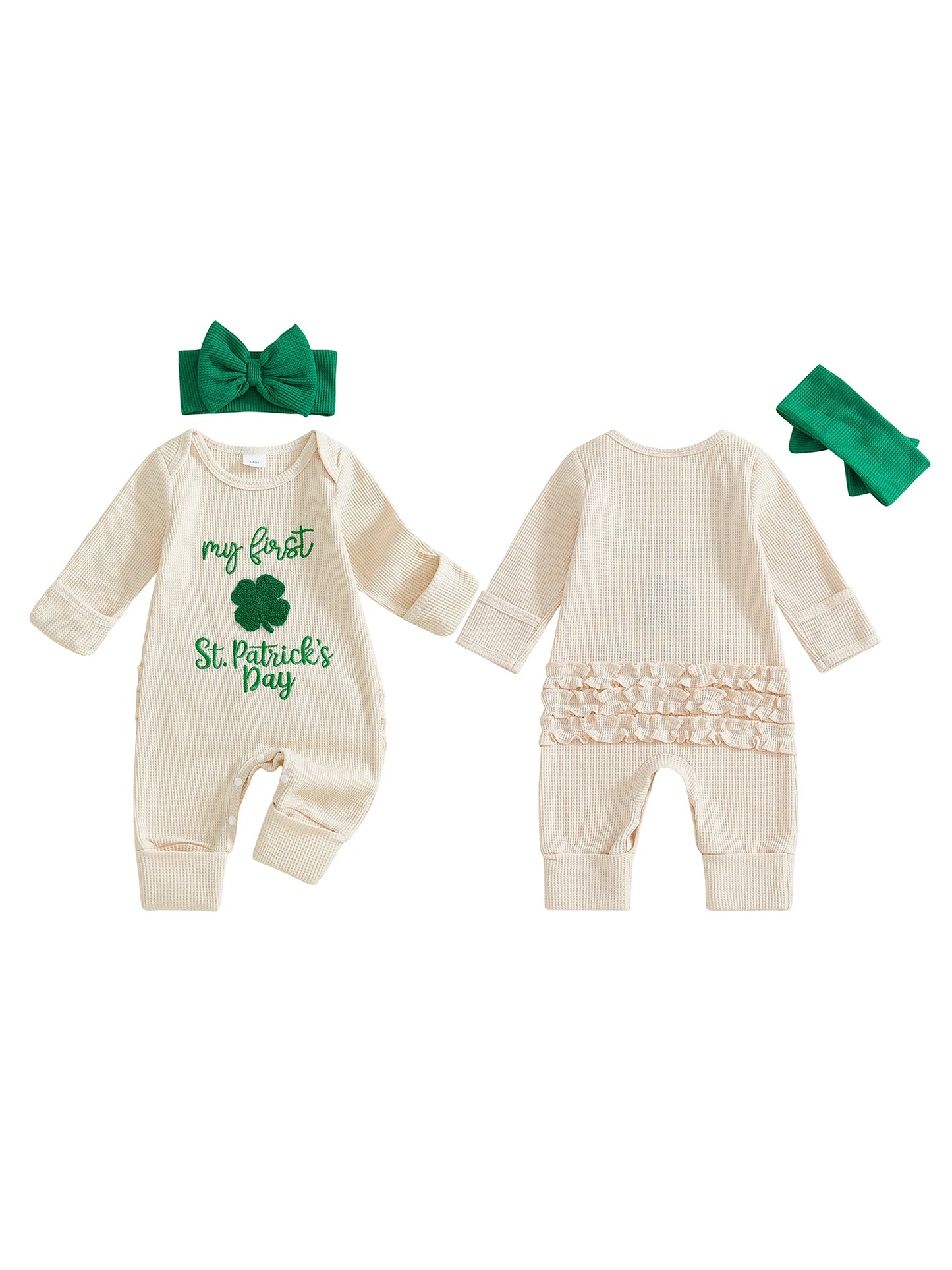 Baby Girl 2Pcs My First St. Patrick's Day Spring Romper Long Sleeve O Neck Letter Clover Embroidery Jumpsuit with Headband Set