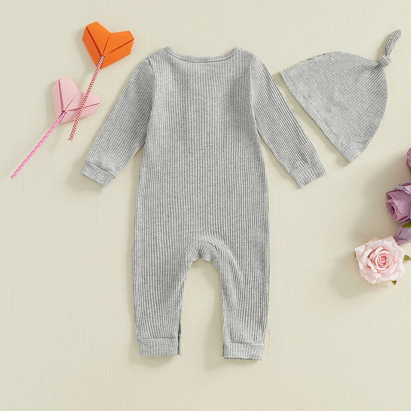 Baby Boys Girls 2Pcs Valentine's Day Heart Print Long Sleeve Ribbed Romper Hat Valentines Outfit Set