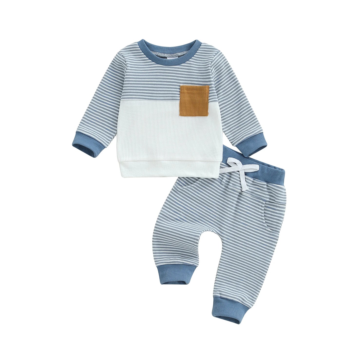 Baby Toddler Boys 2Pcs Fall Waffled Outfits Stripe Pocket Long Sleeve Round Neck Pullover + Elastic Waist Pants Jogger Set