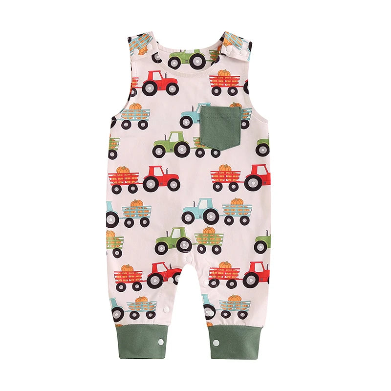 Baby Boys Jumpsuit Sleeveless Crew Neck Pocket Pumpkin Tractor Print Romper Halloween Jumpsuit