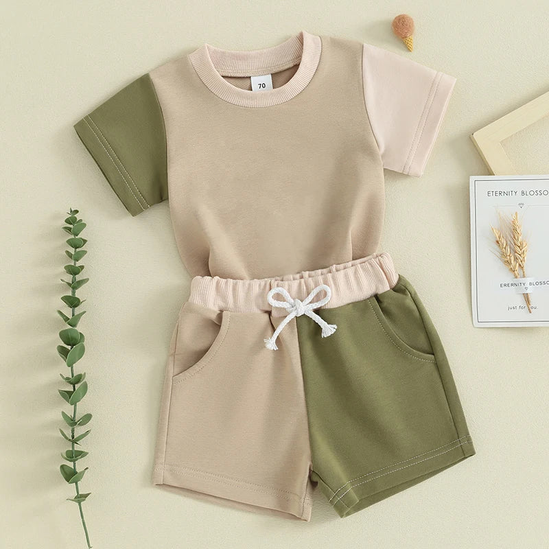 Toddler Baby Boy Girl 2Pcs Outfit Short Sleeve Contrast Color Top Elastic Waist Shorts Set Neutral Spring Summer Clothes