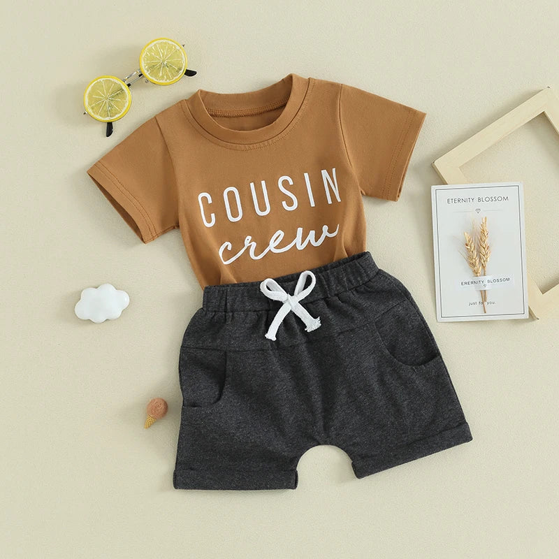 Toddler Baby Boy Girl 2Pcs Family Matching Cousin Crew Short Sleeve Letter Print Top + Elastic Waist Shorts Outfit Set