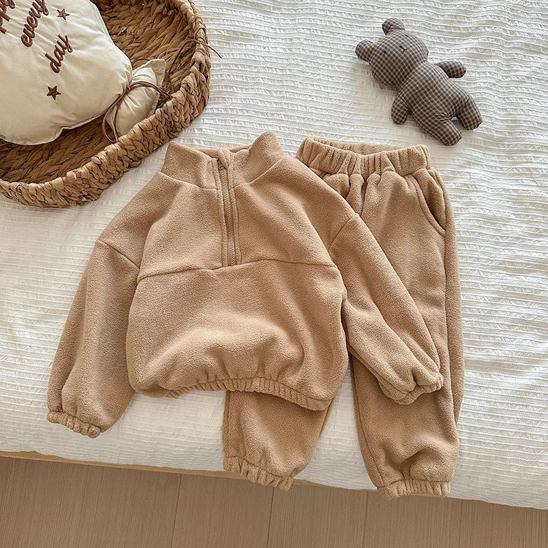 Toddler Kid Boy Girl 2Pcs Clothes Set Fleece Pullover Top Pant Suit Casual Warm Thick Winter Two Piece Jogger Set