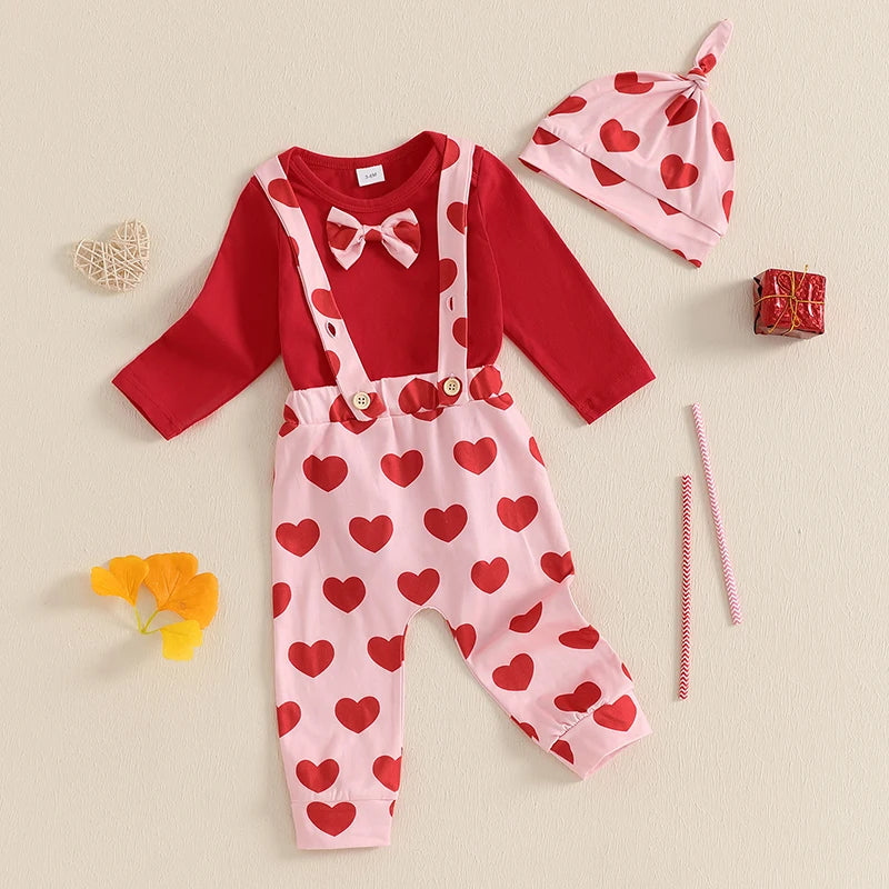 Baby Boys Girls 3Pcs Valentine’s Day Outfit Long Sleeve Romper with Bowtie Suspender Pants Hat Set Valentines