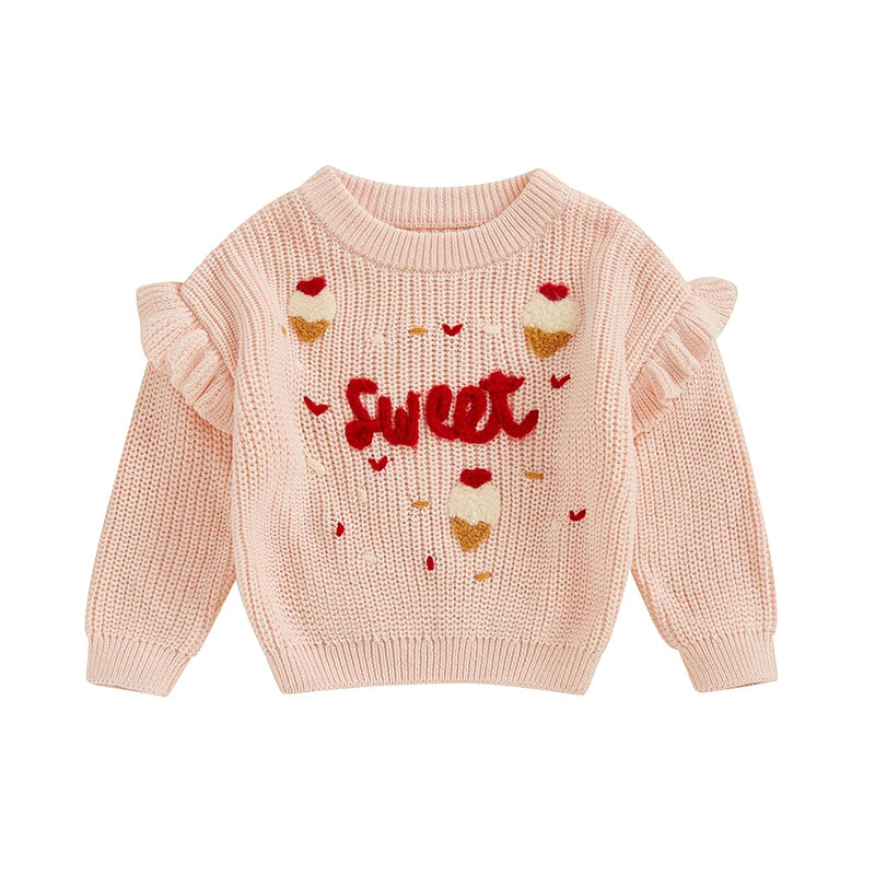 Baby Toddler Girls Valentine's Day Sweater Long Sleeve Round Neck Ice Cream Heart Letters Sweet Embroidery Knit Pullover Top Valentines