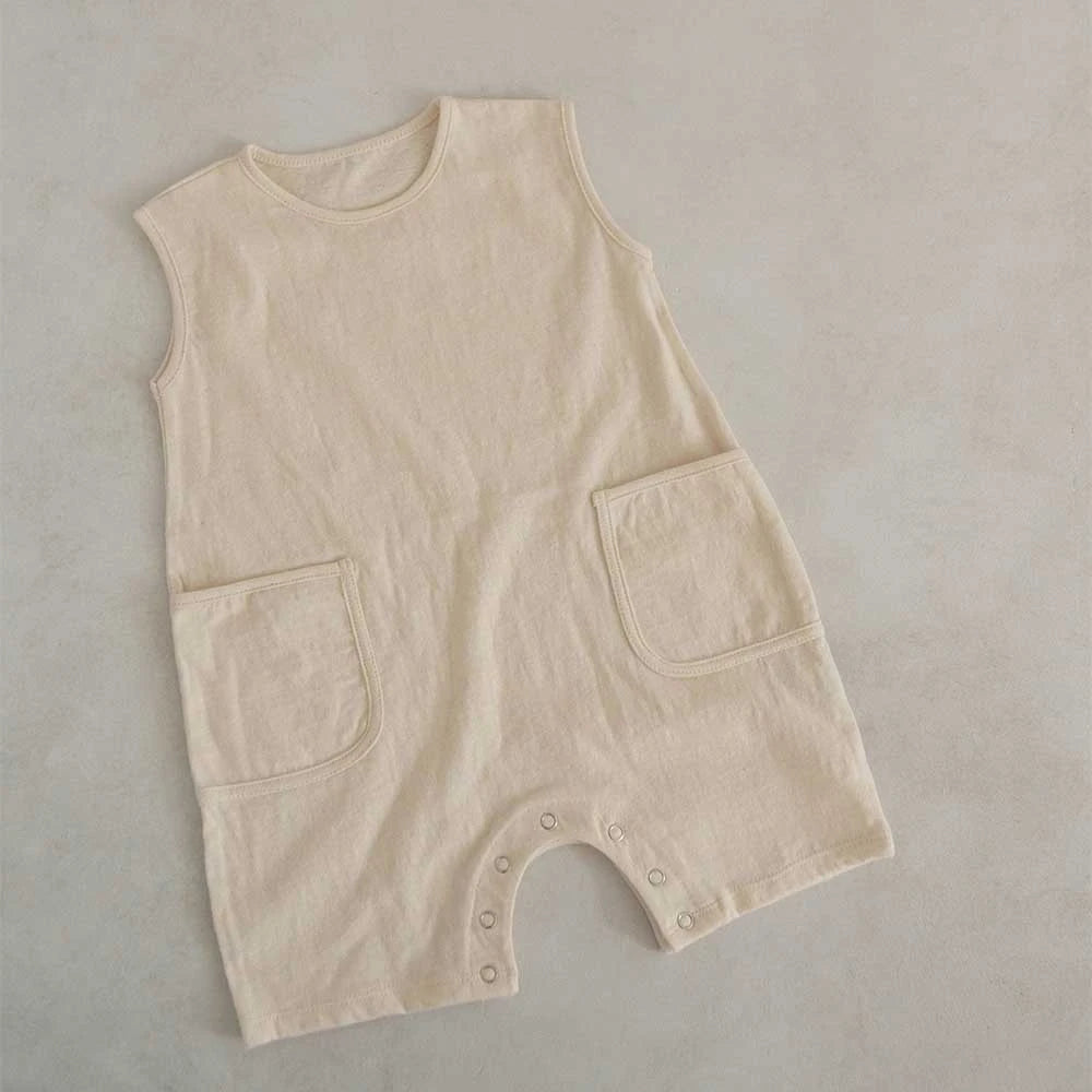 Baby Boys Girls Romper Playsuit Jumpsuit 100% Cotton Neutral Colours Pockets Soft Solid Baby Onepiece Clothes