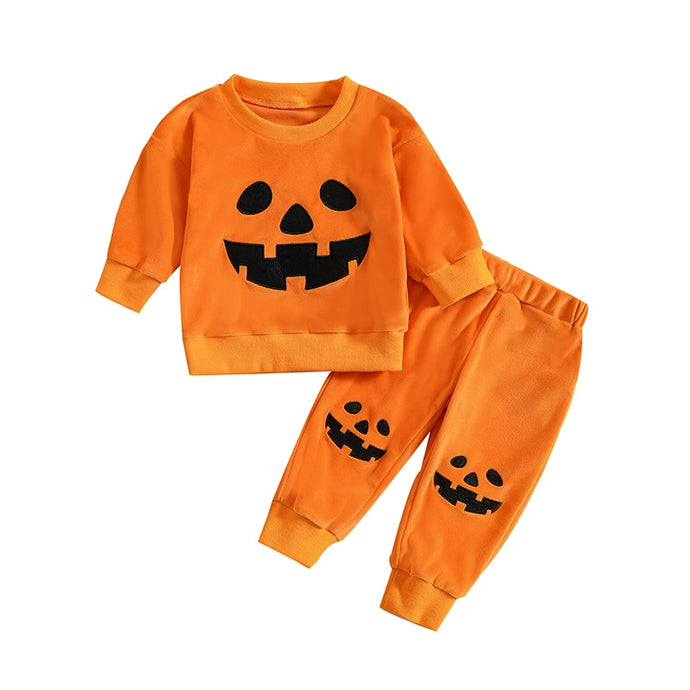 Toddler Baby Boy Girl 2Pcs Outfit Halloween Clothes Pumpkin Print Sweatshirt and Elastic Pants