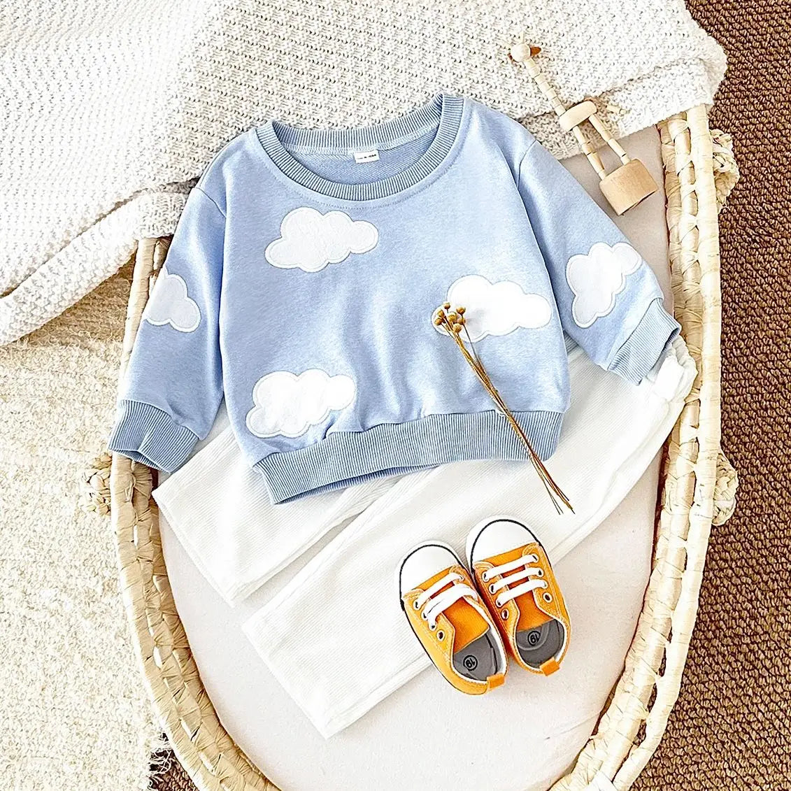 Baby Toddler Boys Girls 2Pcs Stars / Clouds / Flowers Crewneck Long Sleeve Top + Pants Set OUtfit