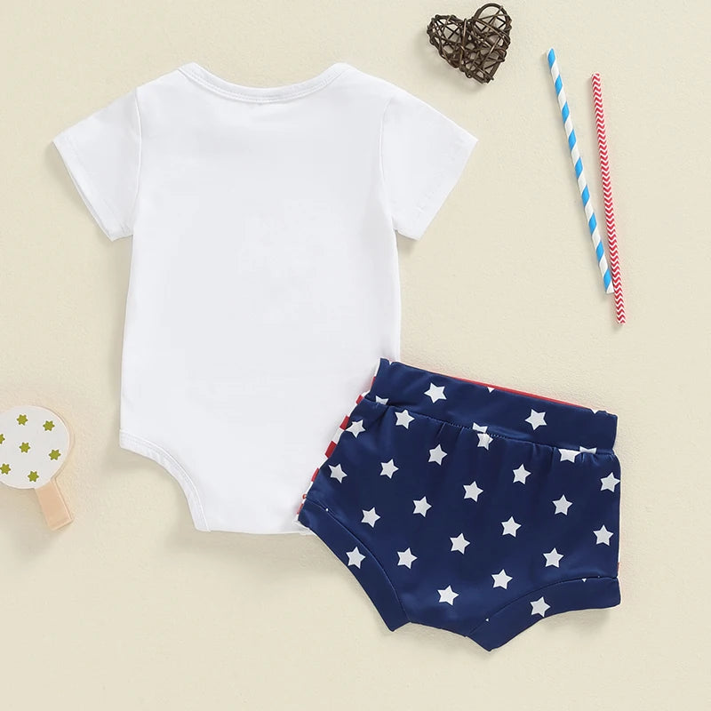 Baby Boys 2Pcs Mama's Boy Summer Set Short Sleeve Letter Print Romper and Stars and Stripes Shorts 4th of July Set