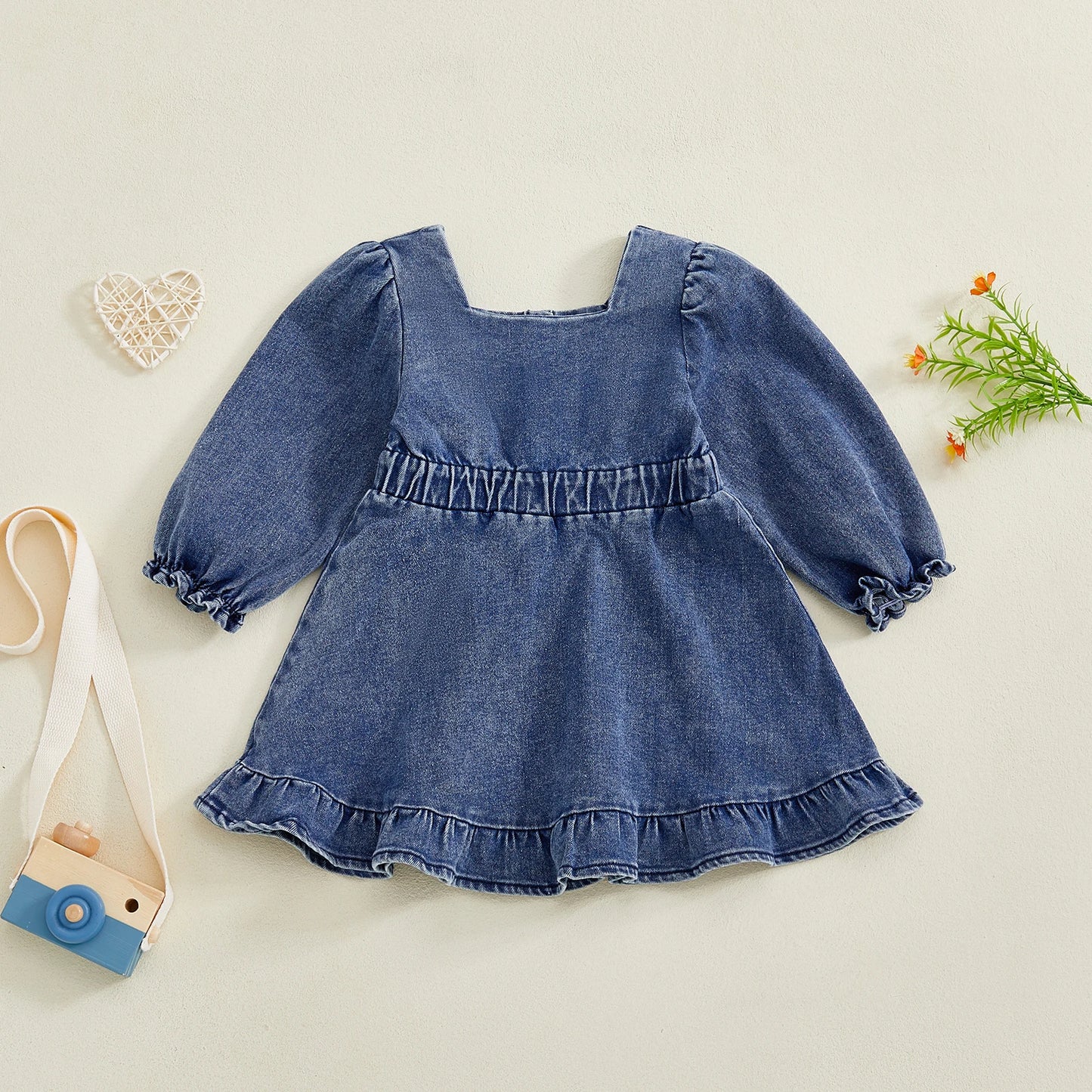 Baby Toddler Girl Denim Dress Long Puff Sleeve Button Down A-Line Dress Ruffle Dress