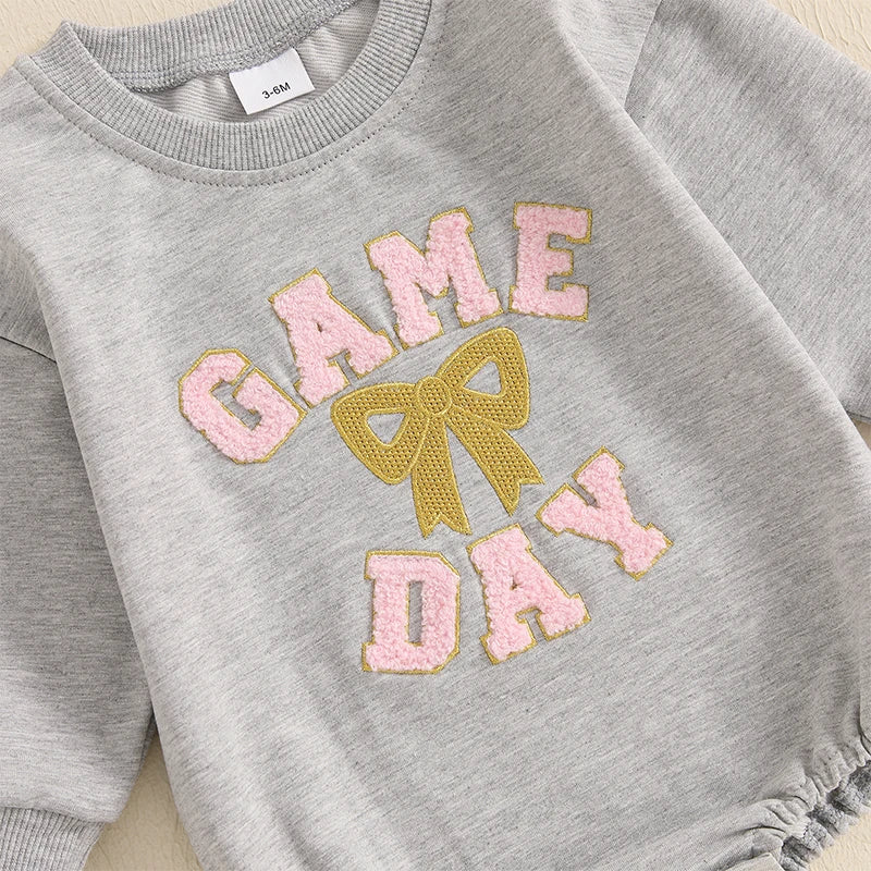 Baby Girl Game Day Bubble Romper Bow Letter Embroidery Long Sleeve Crew Neck Football Jumpsuit for Fall