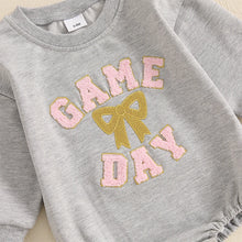 Load image into Gallery viewer, Baby Girl Game Day Bubble Romper Bow Letter Embroidery Long Sleeve Crew Neck Football Jumpsuit for Fall
