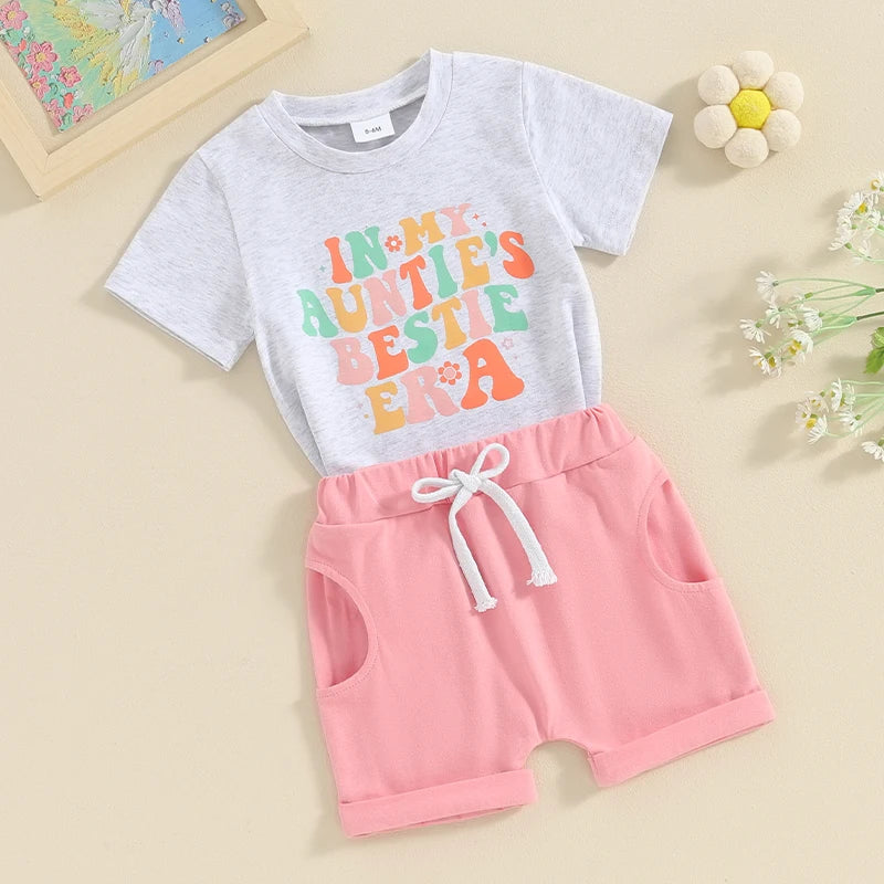 Baby Toddler Girls 2Pcs In My Auntie's Bestie Era Short Sleeve Letters Flowers Print Top Drawstring Shorts Set Outfit