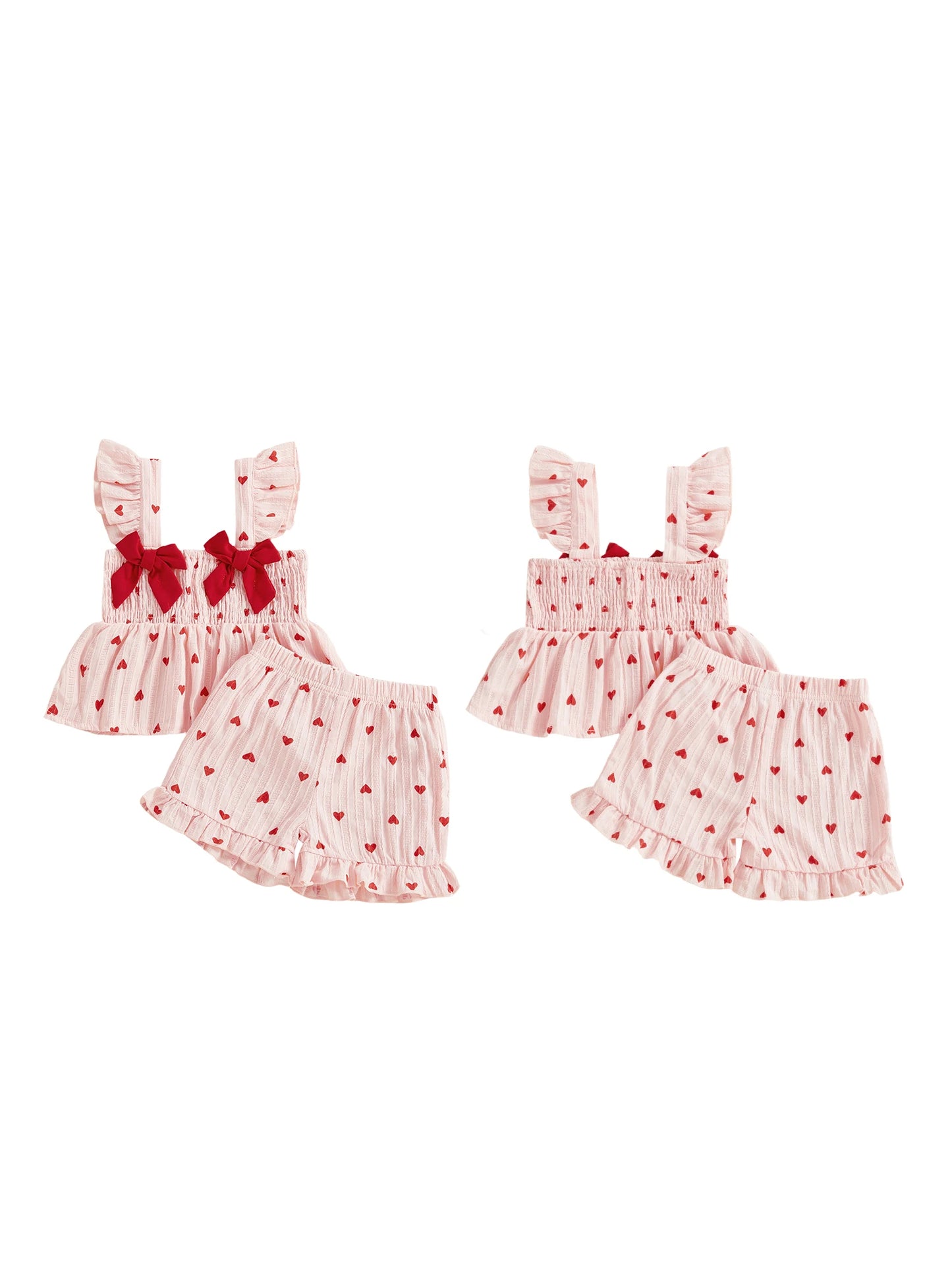 Baby Toddler Girls 2Pcs Valentine's Day Heart Print Ruffle Sleeve Tank Top and Shorts Set for a Sweet Holiday Look