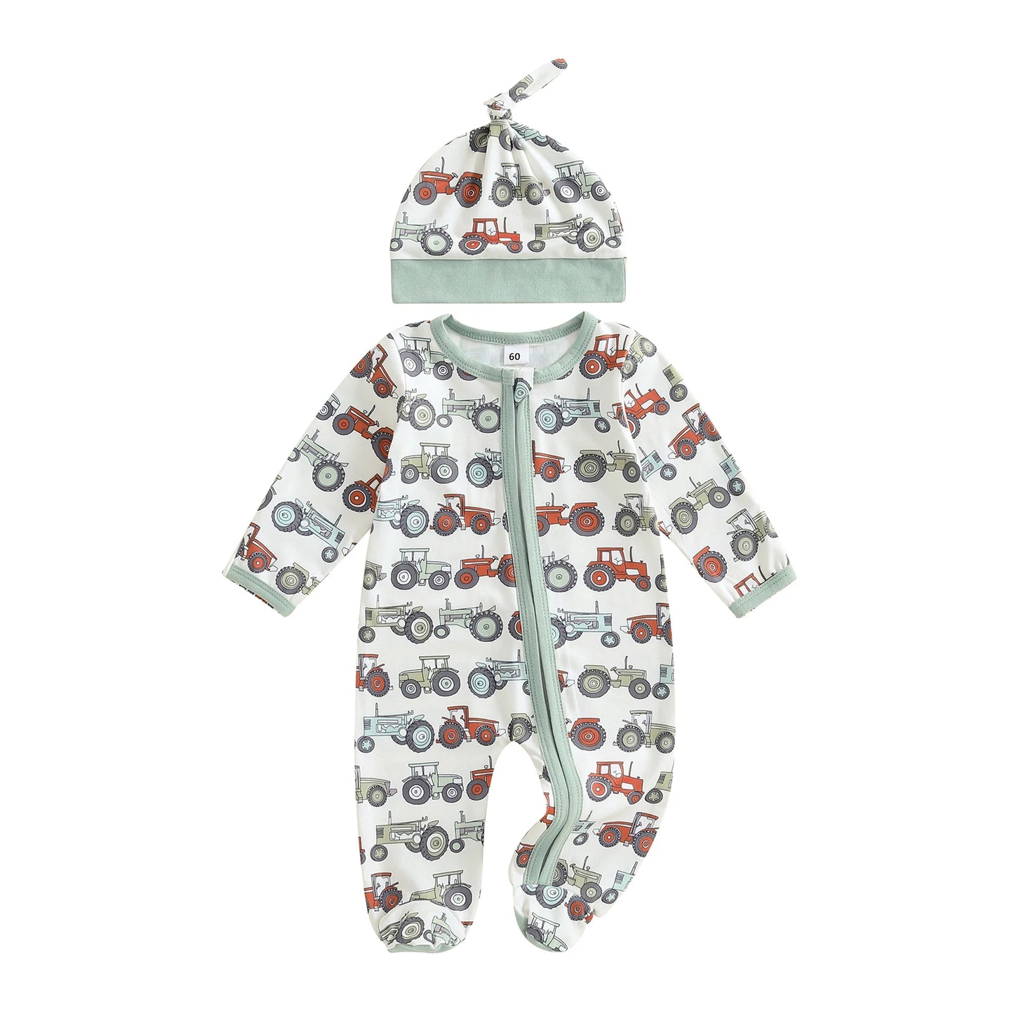 Baby Boys 2Pcs Fall Footed Romper Cute Tractor Pattern Round Neck Long Sleeve Zipper Jumpsuit with Hat Set