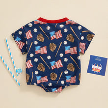 Load image into Gallery viewer, Baby Boys Romper 4th of July Baseball American Flag Print Short Sleeve Jumpsuit
