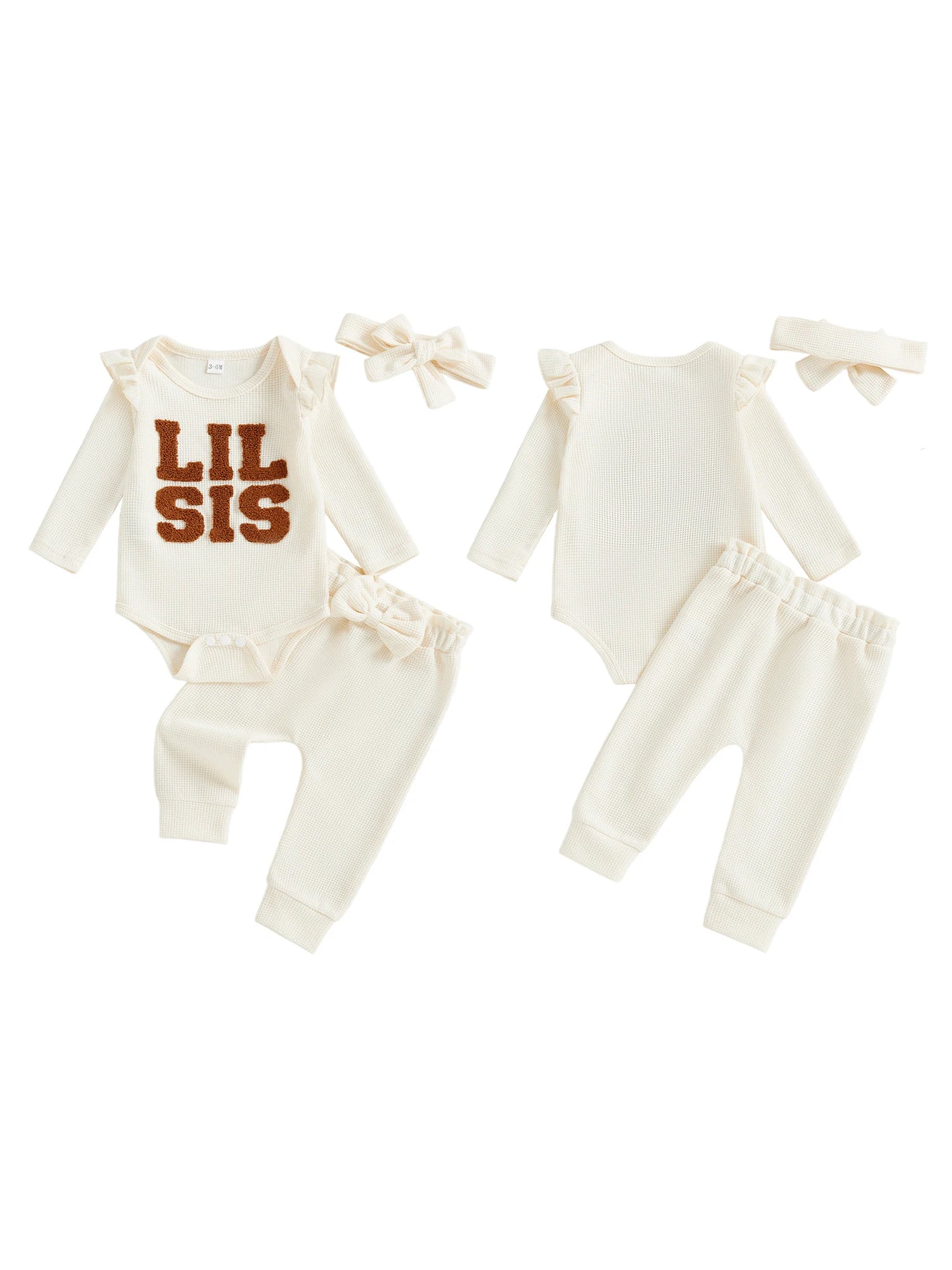 Baby Girl 3Pcs Lil Sis Outfit Waffle Letter Embroidered Crew Neck Long Sleeve Romper Jogger Pants and Headband 3 Pcs Set