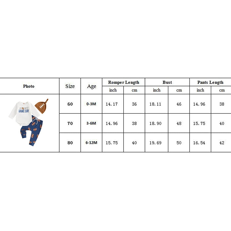 Baby Boy 3Pcs My First Game Day Fall Outfit Letter Print Long Sleeve Romper with Football Pattern Pants and Hat Set