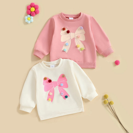 Baby Toddler Girls Long Sleeve Top Pom Pom Ball Bow Print Crewneck Pullover Winter Fall Clothes