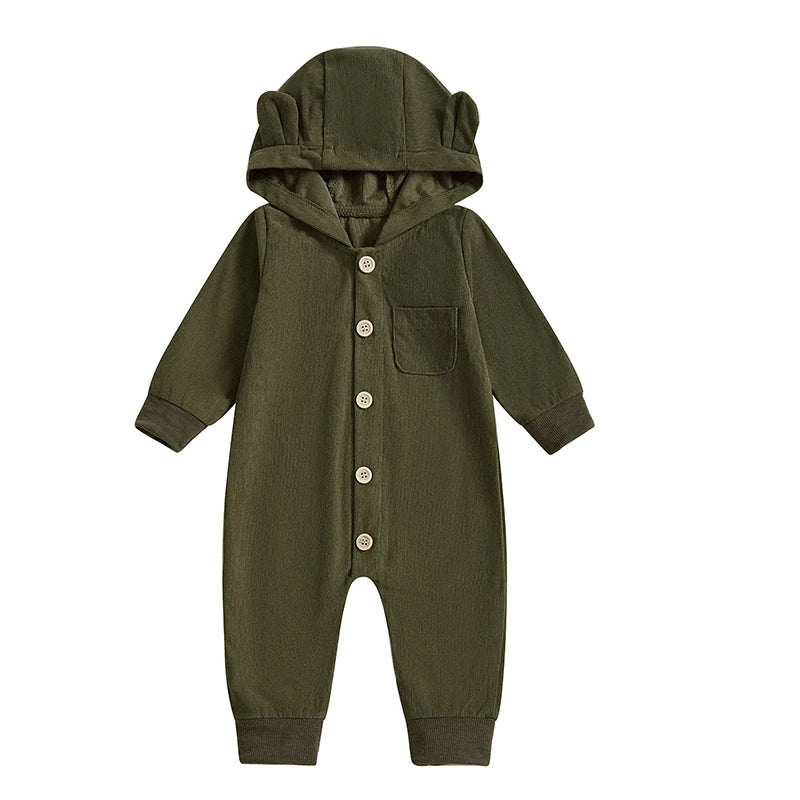 Baby Boys Girls Button-up Jumpsuit Cute Bear Ears Hooded Long Sleeve Chest Pocket Fall Romper Unisex