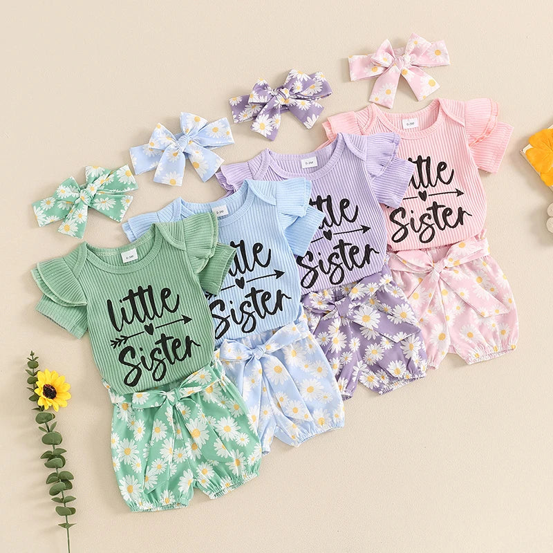 Baby Toddler Girls 3Pcs Summer Set Little Sister Letter Print Short Sleeve Romper Flower Daisy Print Shorts with Headband Outfit