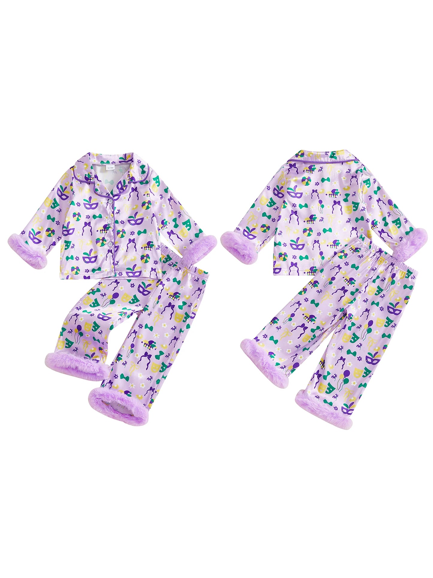 Toddler Kids Girls 2Pcs Mardi Gras Carnival Pajamas Set Long Sleeve Hat Bowtie Print Fur Cuffs Top and Pants Set Sleepwear