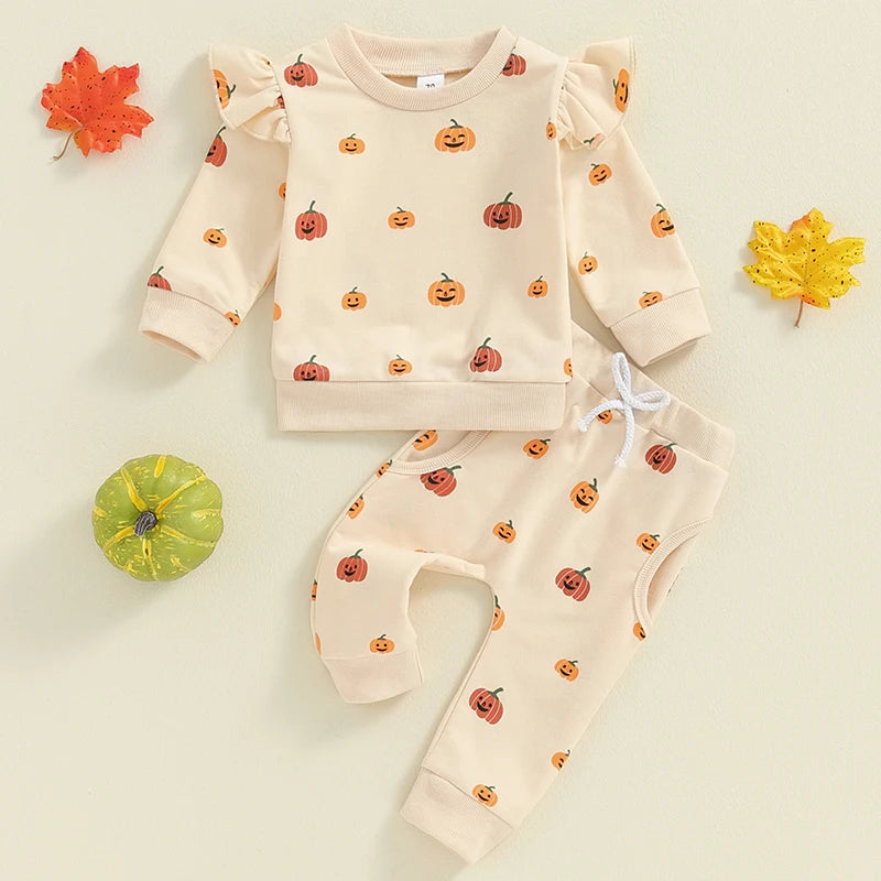 Baby Toddler Girls 2Pcs Fall Halloween Outfit Pumpkin Print Long Sleeve Frilly Shoulder O-Neck Pullover with Elastic Waist Pants Set