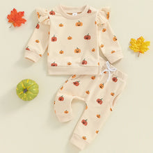 Load image into Gallery viewer, Baby Toddler Girls 2Pcs Fall Halloween Outfit Pumpkin Print Long Sleeve Frilly Shoulder O-Neck Pullover with Elastic Waist Pants Set
